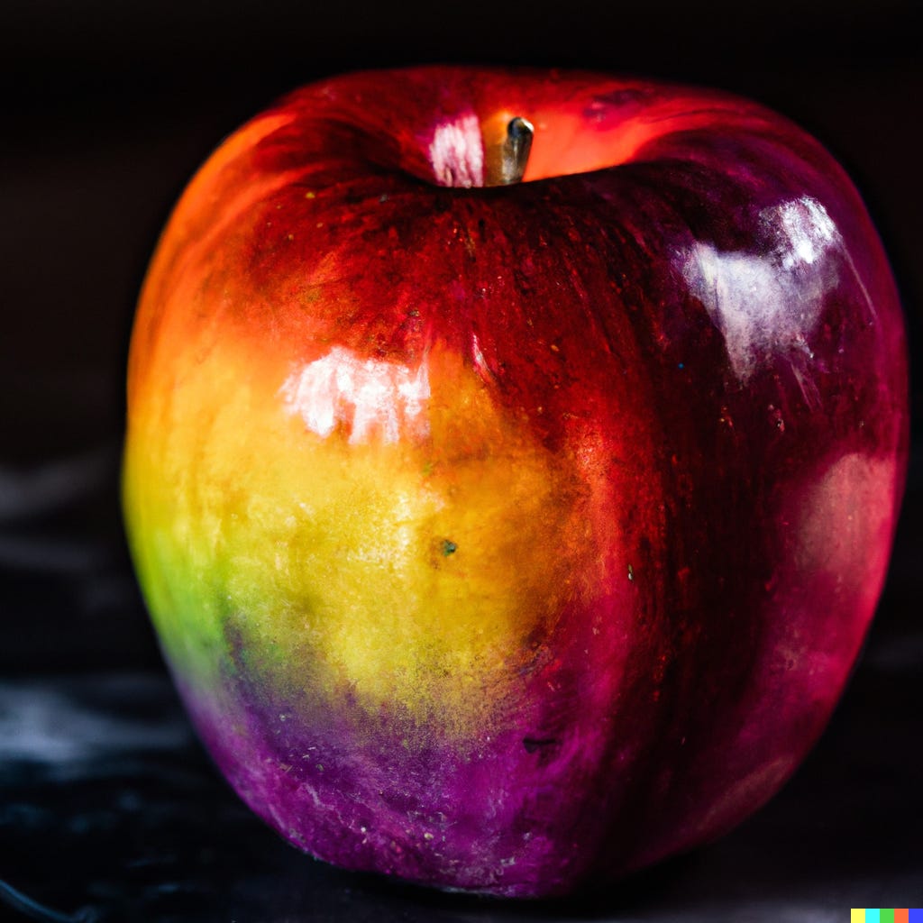 A photograph of a rainbow colored apple