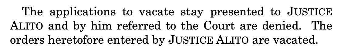 The applications to vacate stay presented to JUSTICE ALITO and by him referred to the Court are denied. The orders heretofore entered by JUSTICE ALITO are vacated.
