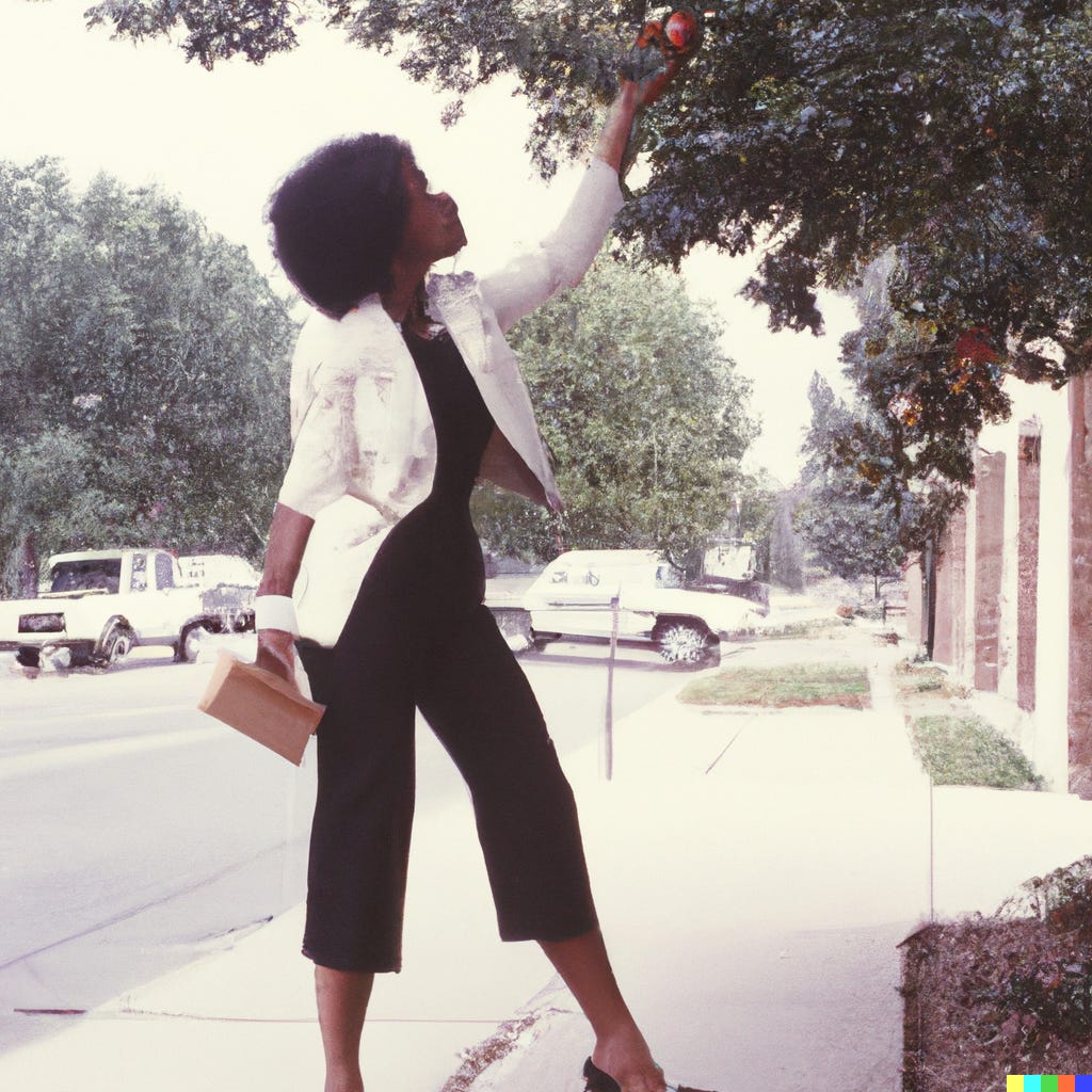 an AI-assisted faux vintage "photo" of a woman standing on a sidewalk and picking an apple from a tree