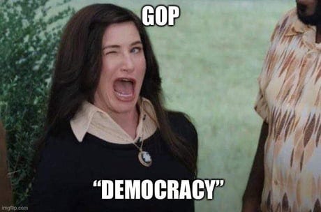 Image of person winking exagerratedly with caption GOP "Democracy"