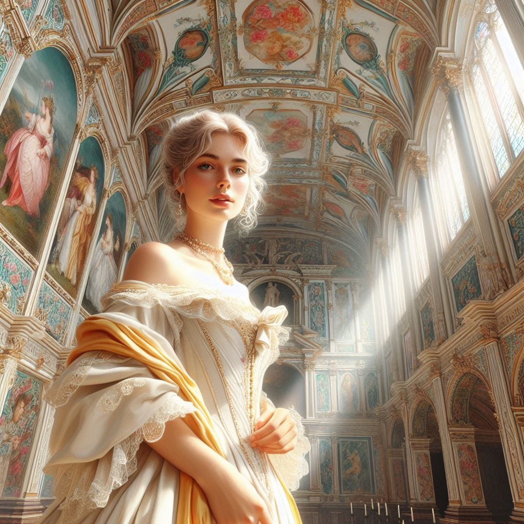 woman wearing dress cream and white with silk.Willow Catkin with yellow details.Willow Catkin male Calico Pennant  red-on-black color schema.  is in a guilded hall leaning toward the camera in a mansion with flying buttresses and ornate ceiling tiles. Wall panel artwork in baroque style and the style of peter max intermitent light coral and light yellows accents. Sunlight streaming in through a stained glass window of blues and greens.luminescent. Ethereal.