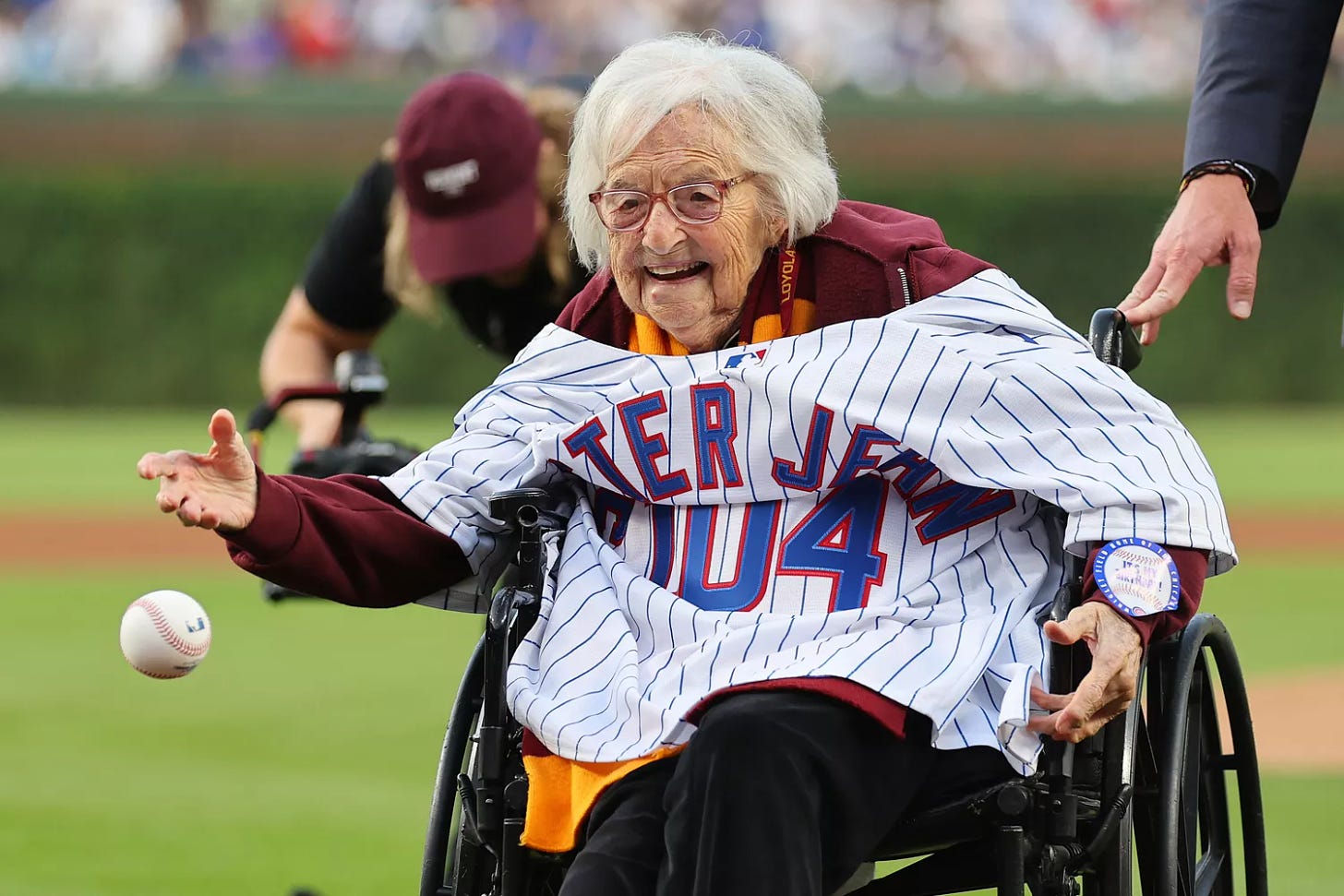 Jean Dolores Schmidt, also known as Sister Jean, throws out the first pitch prior to the game between the Chicago Cubs and the Milwaukee Brewers at Wrigley Field on August 28, 2023 in Chicago, Illinois.