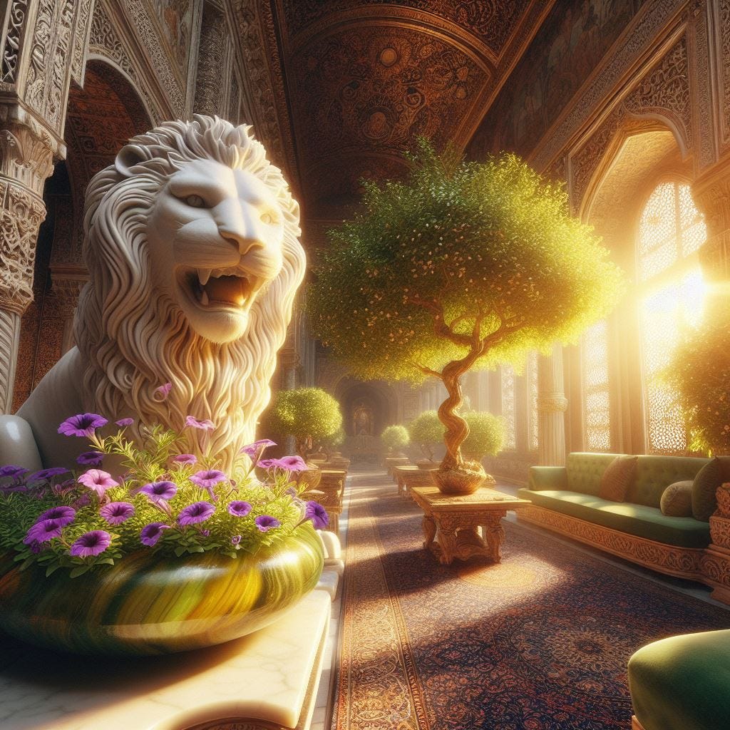 hyper realistic; tilt shift; perspective shift. lens baby. statue of white lion by mexican petunia bush in green glass pot with purple flowers . 2-colorglass white lion, with amber cut to yellow. sun shining through tree. Persian Rugs.  Marble Tables/Flower Arrangement. light green Velvet Armchairs/silk sofa. intricate carvings/ Silk Drapes . Velvet wall paintings.luminesent. Etheral. Sun beams flooding room