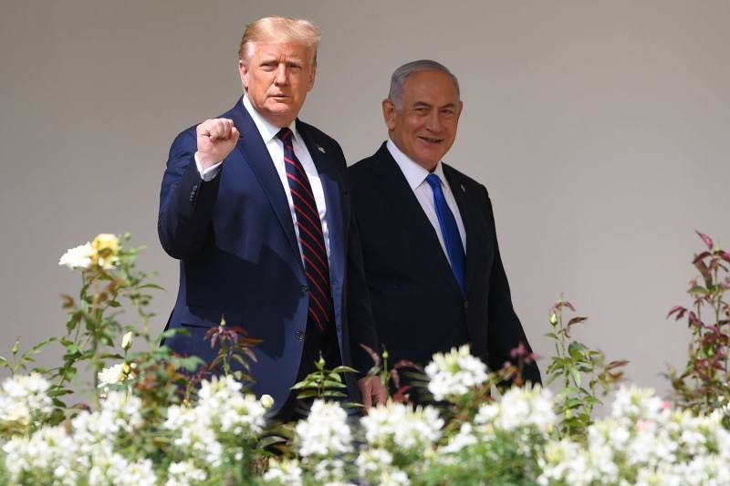 U.S. President Donald Trump and Israeli Prime Minister Benjamin Netanyahu meet at the White House in Washington.