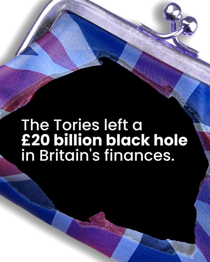 Graphic with image of purse with hole in it and the text: The Tories left a £20 billion black hole in Britain’s finances