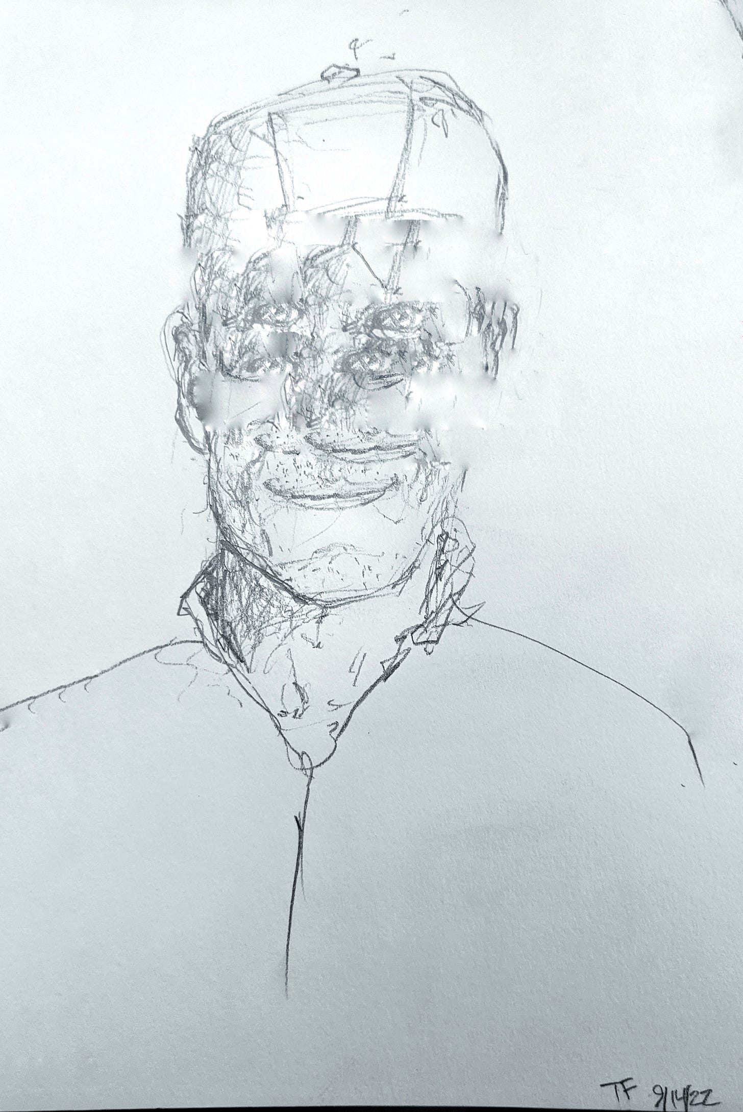 Pencil sketch of man with crazy eyes