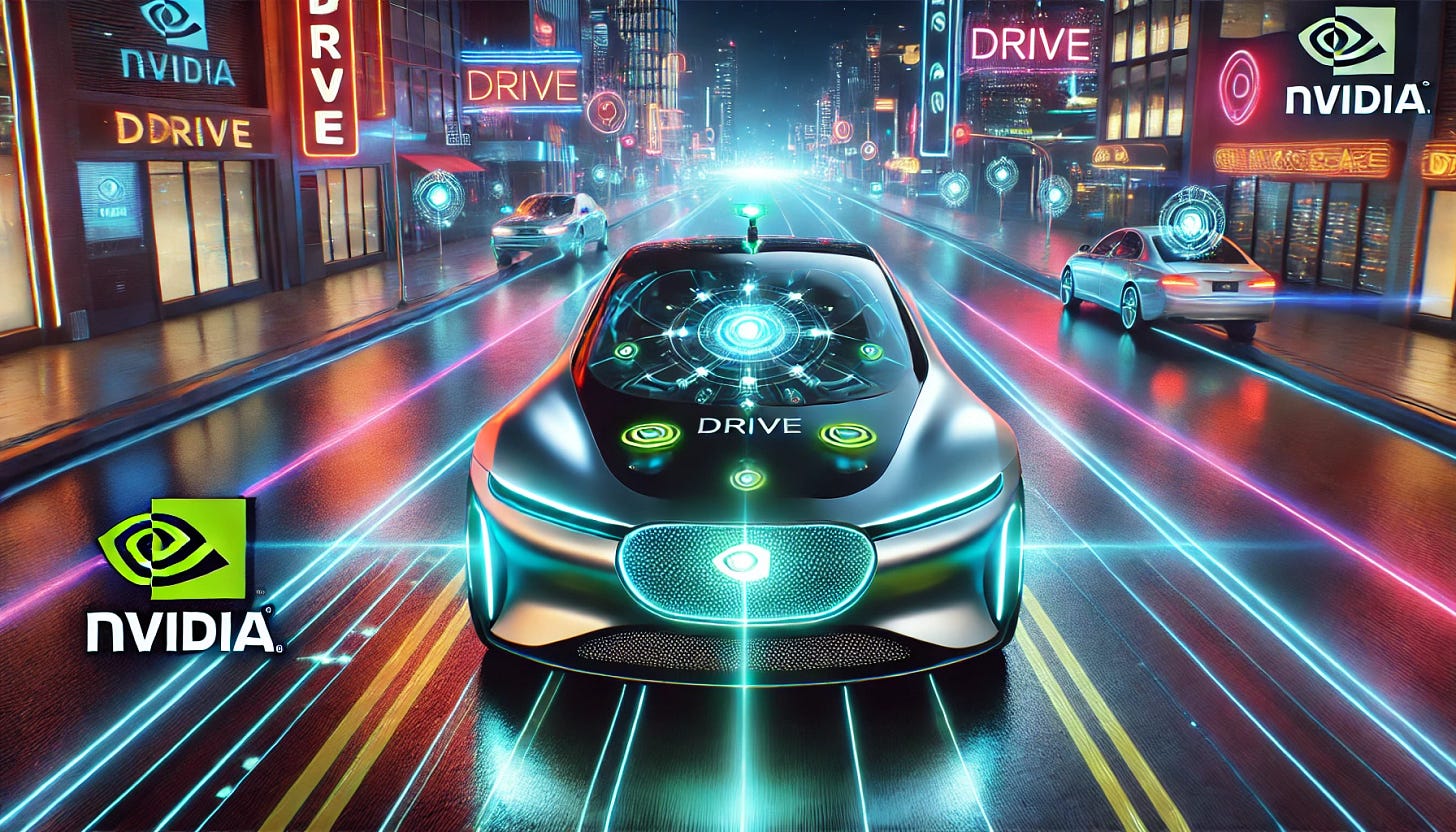 A 16:9 futuristic illustration featuring a sleek Nvidia electric car with glowing sensor arrays and 'DRIVE' branding prominently displayed. The car is shown speeding through a neon-lit highway at night, surrounded by vibrant, glowing city lights and holographic road signs. The sensor arrays on the car emit a radiant green and blue glow, symbolizing advanced AI-driven capabilities. The aerodynamic design of the car highlights innovation and precision, while the background showcases a bustling, high-tech cityscape with neon billboards and reflective surfaces.