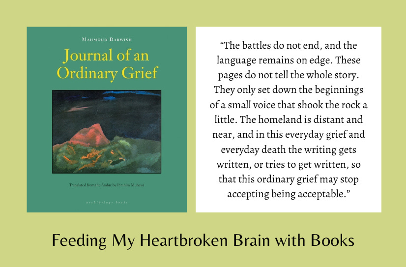Small cover image of Journal of an Ordinary Grief next to the below quote. The text ‘Feeding My Heartbroken Brain with Books’ appears below on a pale green background.