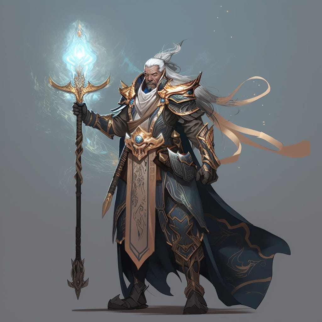 warrior mage with sword and staff, wearing armor and robe, dual class fantasy character design