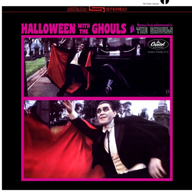 the cover to the ghouls' dracula's deuce. a vampire stands in a graveyard with his hot rod