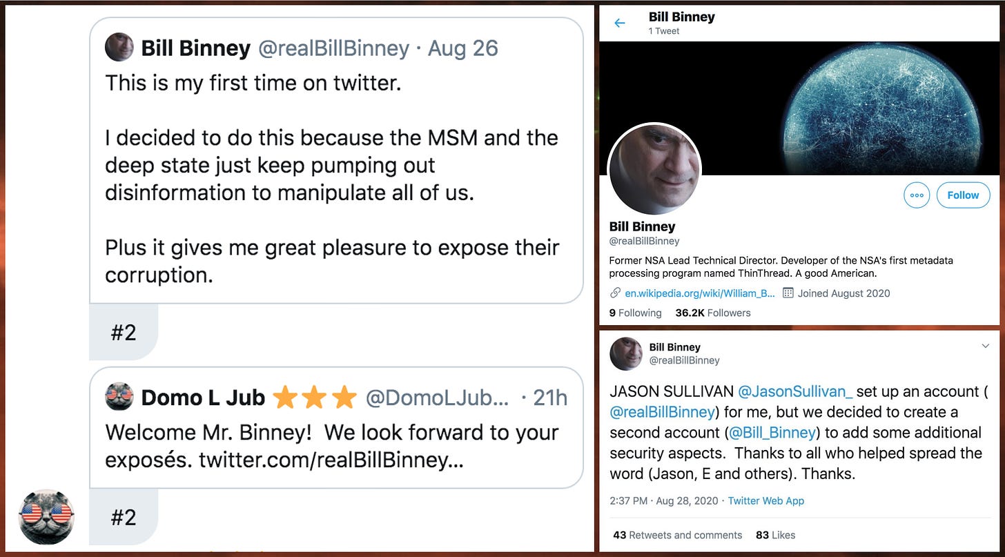 screenshot of @realBillBinney account being promoted in retweet DM room, screenshot of @realBillBinney profile, and screenshot of tweet asserting that Jason Sullivan created the @realBillBinney account