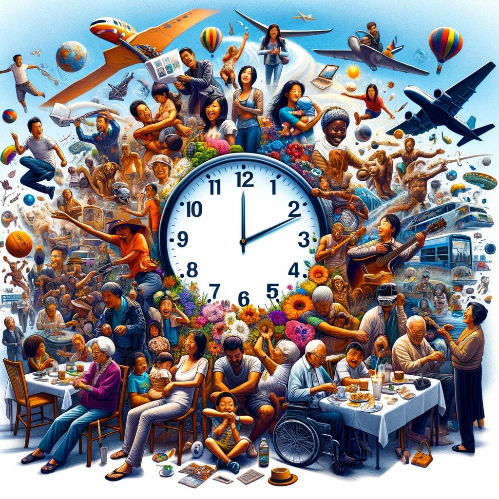 A powerful illustration conveying the sentiment 'Life is too short'. The image features a diverse group of people of different ages and descents (Asian, Black, Hispanic, Caucasian) engaged in a wide range of activities that represent life's many possibilities and joys - travel, family time, hobbies, learning, adventure, and love. These scenes are vibrant and full of energy, showing the characters savoring every moment. In the center of the image, a large clock is ticking, its hands moving rapidly, symbolizing the fleeting nature of time. The juxtaposition of the bustling, colorful activities of life against the relentless ticking of the clock powerfully communicates the message that life is indeed too short and each moment is precious and worth embracing.