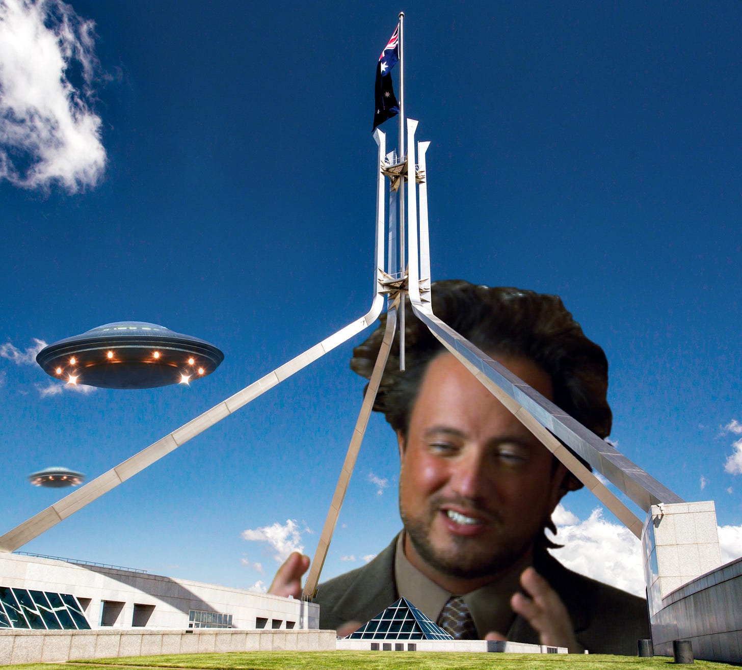 A picture of Australia's parliament house flagpole, with flying saucers and the guy from "Ancient Aliens" on the History Channel floating in the sky above