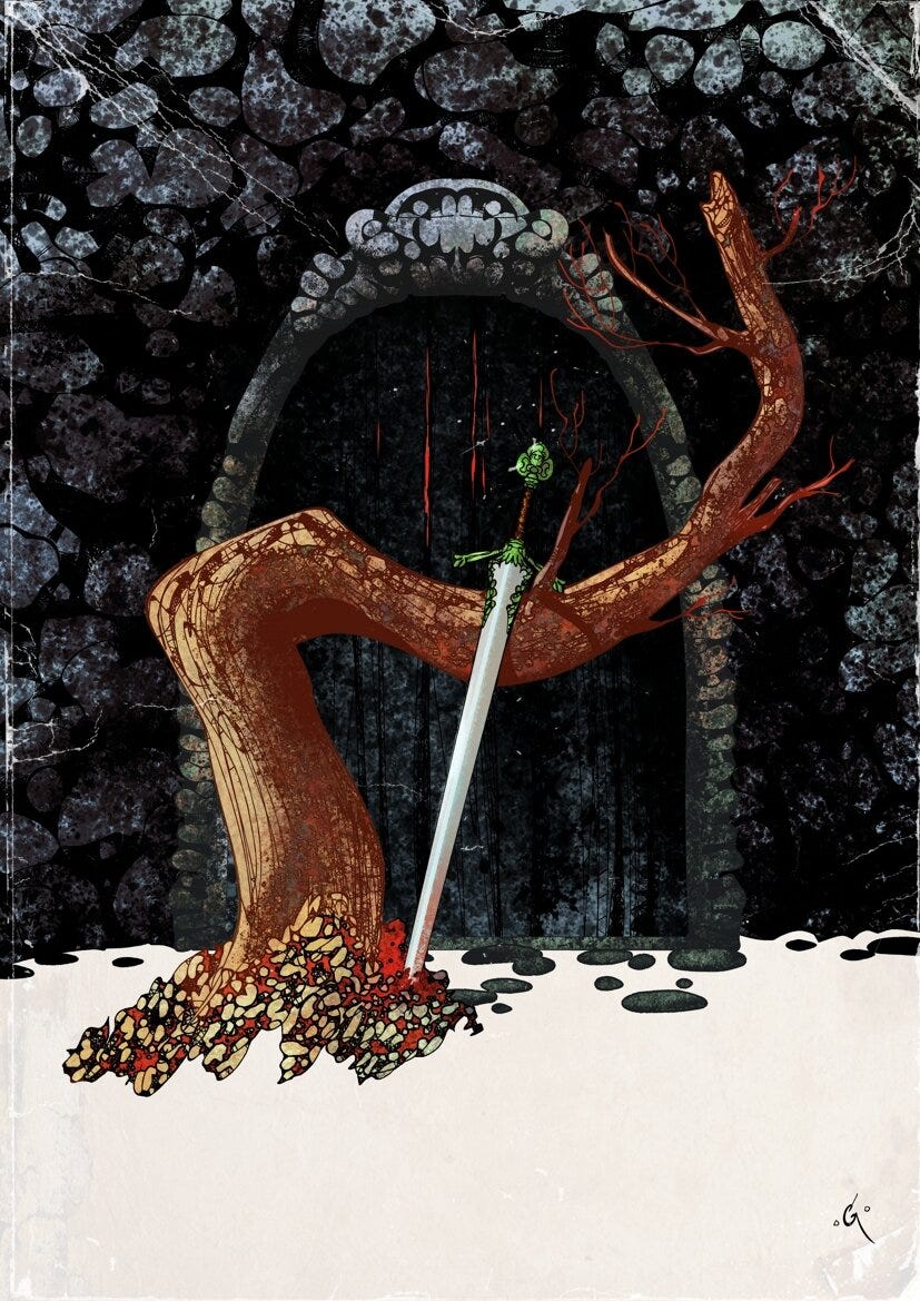 Illustration of a tree, a sword, and a stone doroway. Art by Goran Gligovic.