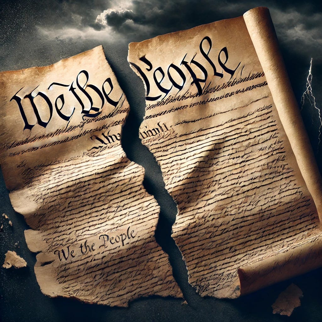 A dramatic illustration of the U.S. Constitution being torn in half. The parchment is aged and textured, with elegant script visible, including the famous words 'We the People' near the top. The tear runs down the center, symbolizing division and conflict. The background is dark and stormy, with ominous lighting casting shadows across the torn document. The scene conveys a sense of gravity and historical significance.