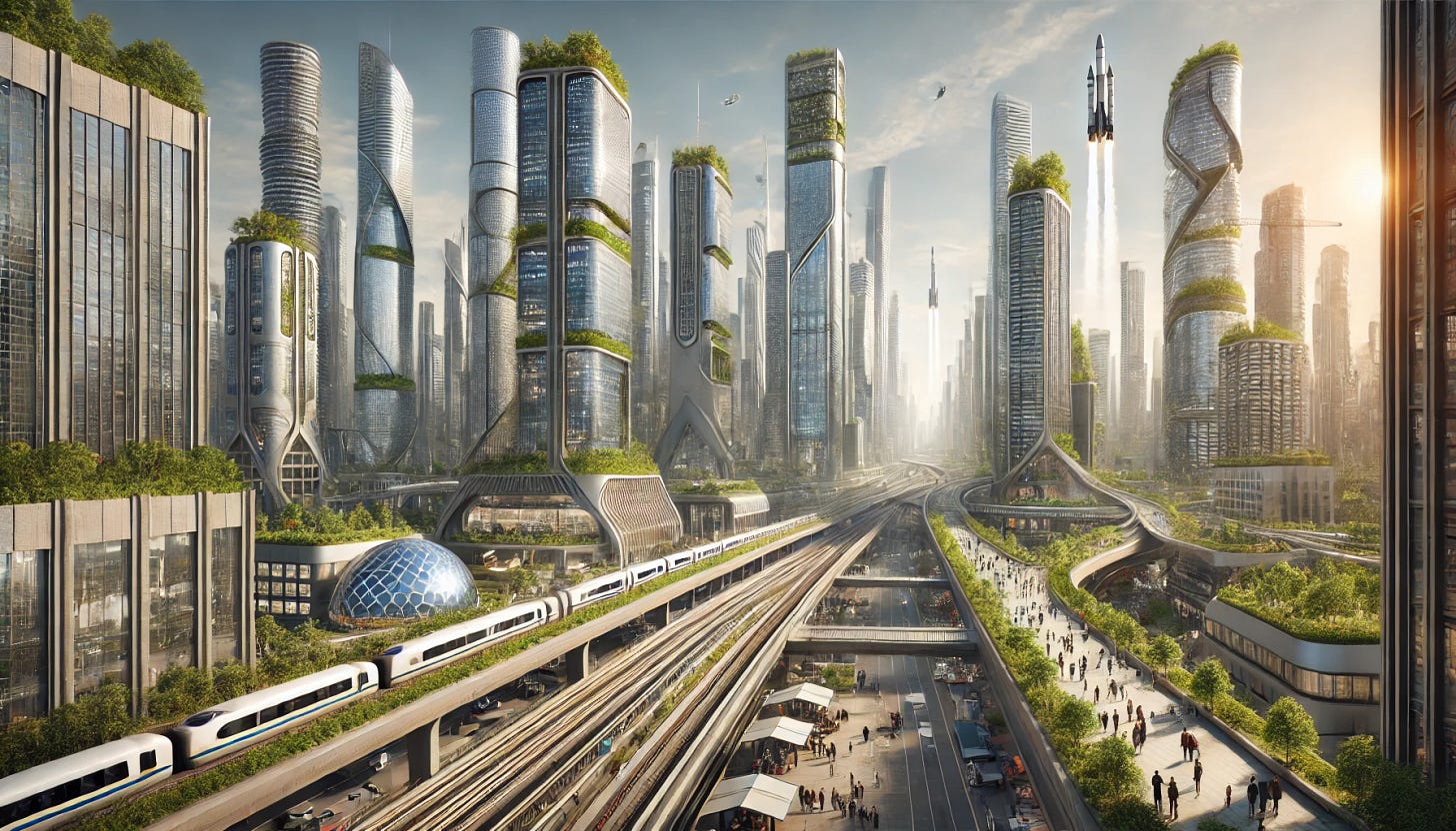 A realistic futuristic cityscape of New York with dense skyscrapers, a highly urbanized environment showcasing the 'New New Deal' vision. The city is filled with advanced infrastructure, green rooftops, and integrated solar panels on buildings. High-speed trains move between buildings, and rockets launch into space from a distant platform, symbolizing space exploration. The skyline has towering, modern glass skyscrapers with a mix of greenery integrated into the architecture, and wind turbines are visible. The atmosphere is vibrant, reflecting technological progress and sustainability. People walk on elevated paths and enjoy public spaces surrounded by innovative architecture.