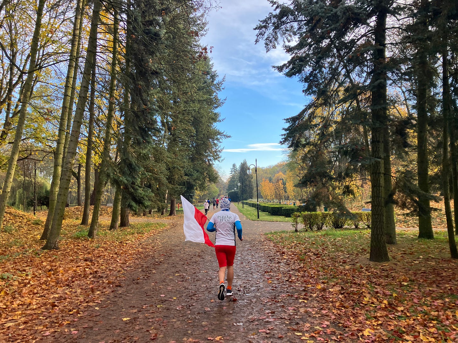 Runner ahead carrying the Polish flag through a tree-lined avenue