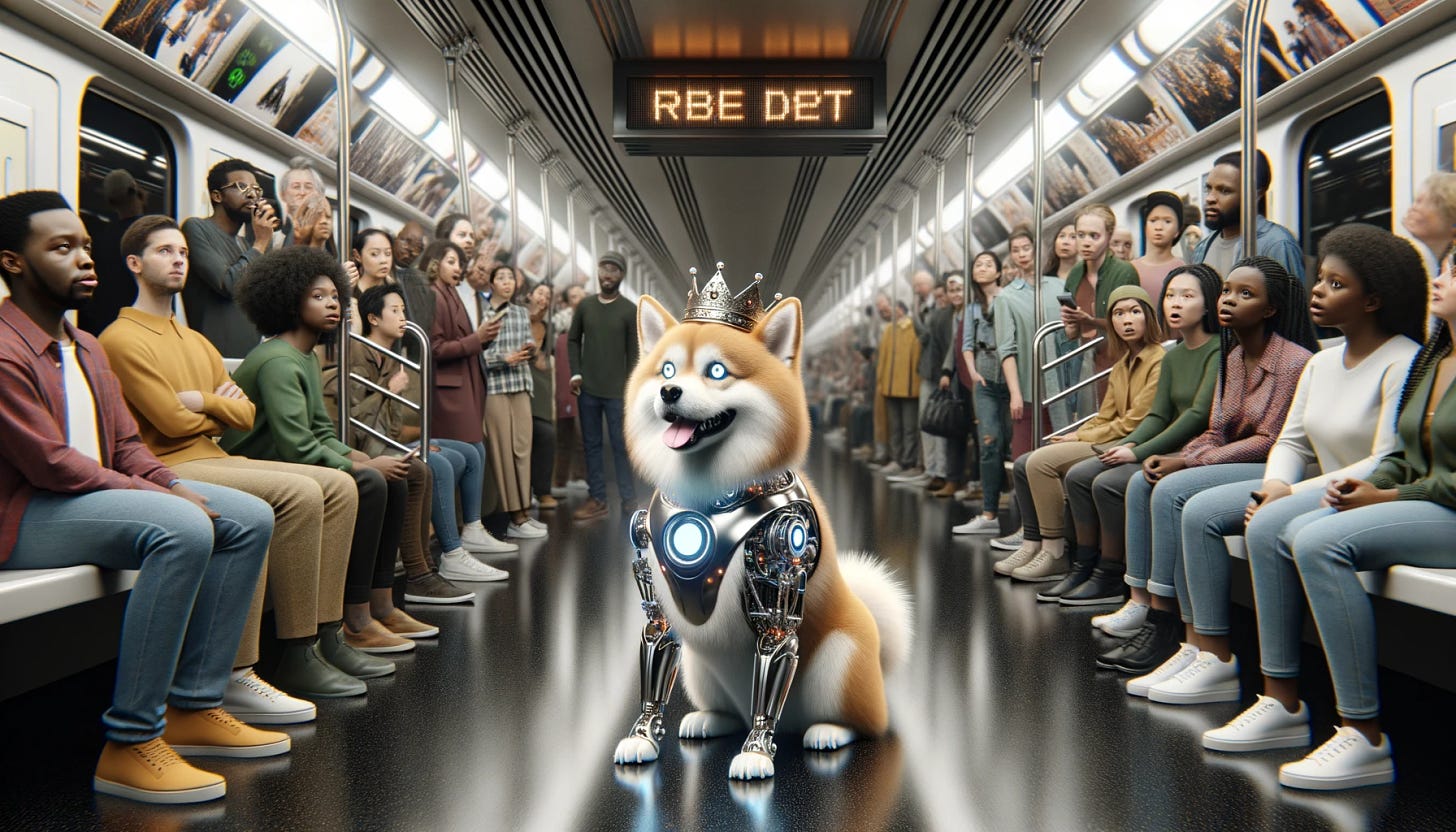 Photo of a subway interior with a crowd of people of various descents including African, Caucasian, Hispanic, and Asian, all gawking in astonishment. In the center, a hyperrealistic cyber-corgi wearing a metallic crown stands confidently. The cyber-corgi has sleek robotic components intertwined with its fur, glowing LED eyes, and a display panel on its side.