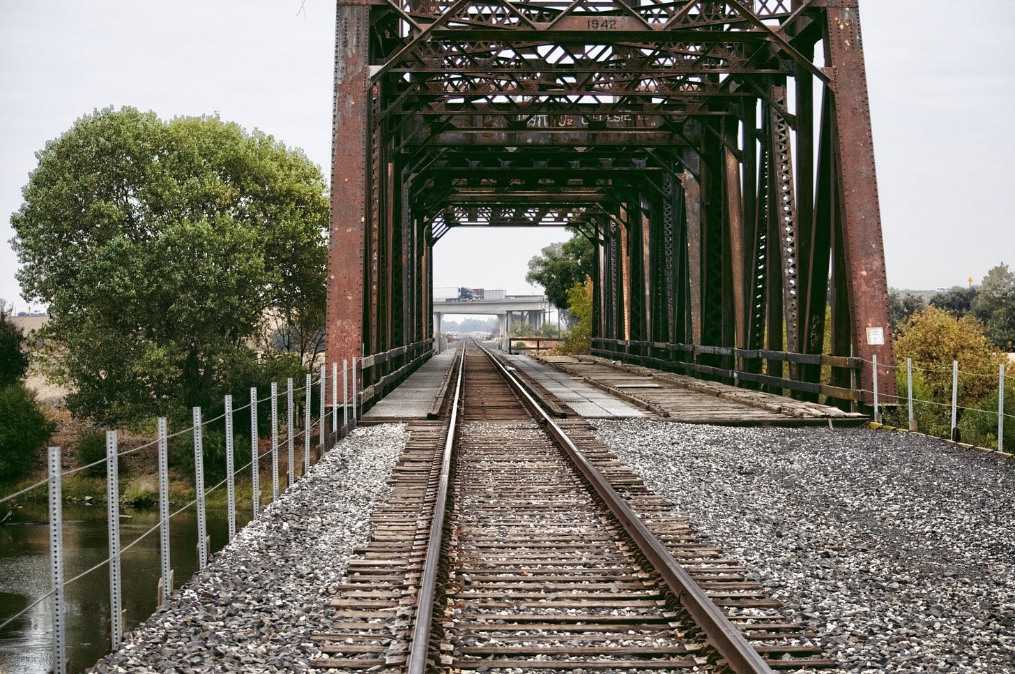 Two-track railroad bridge with one track removed