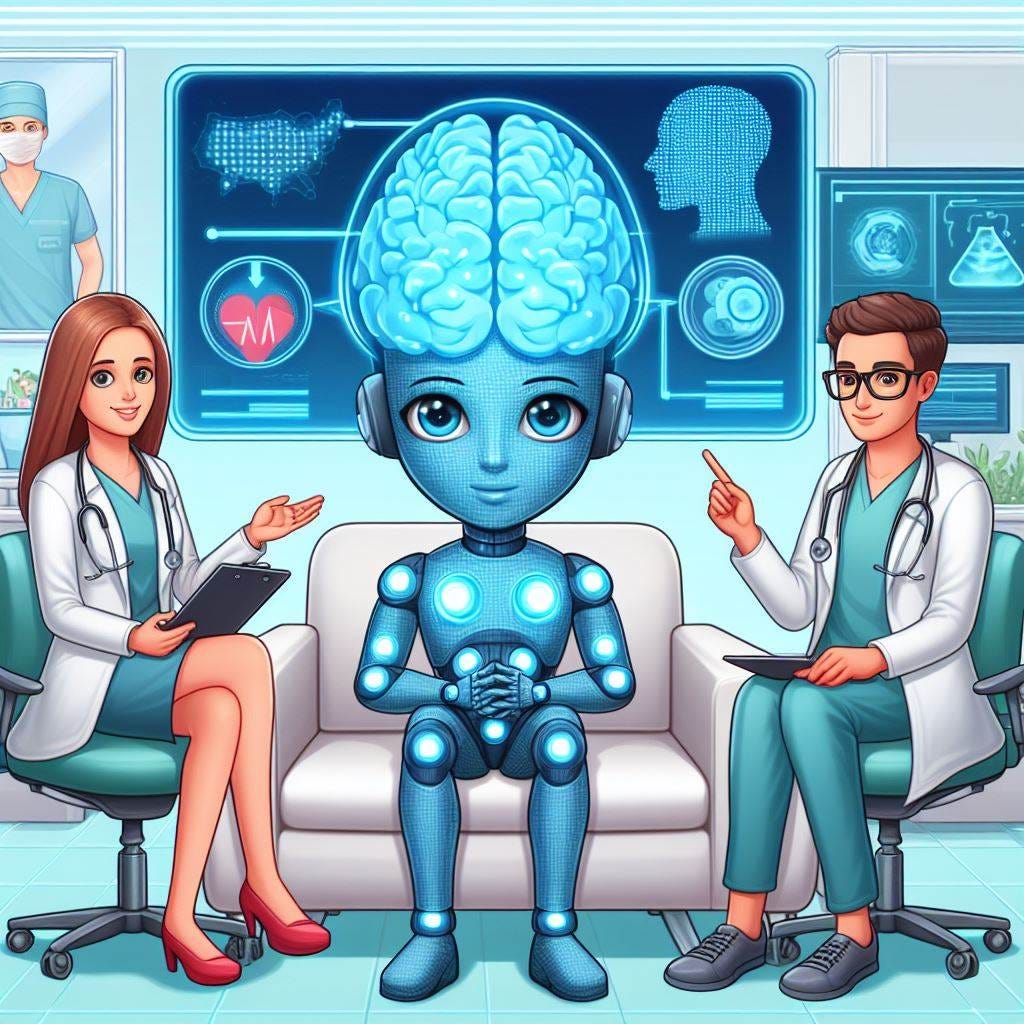 A cartoon image of an AI brain sitting between a female doctor and male nurse with a floating hologram screen between them.