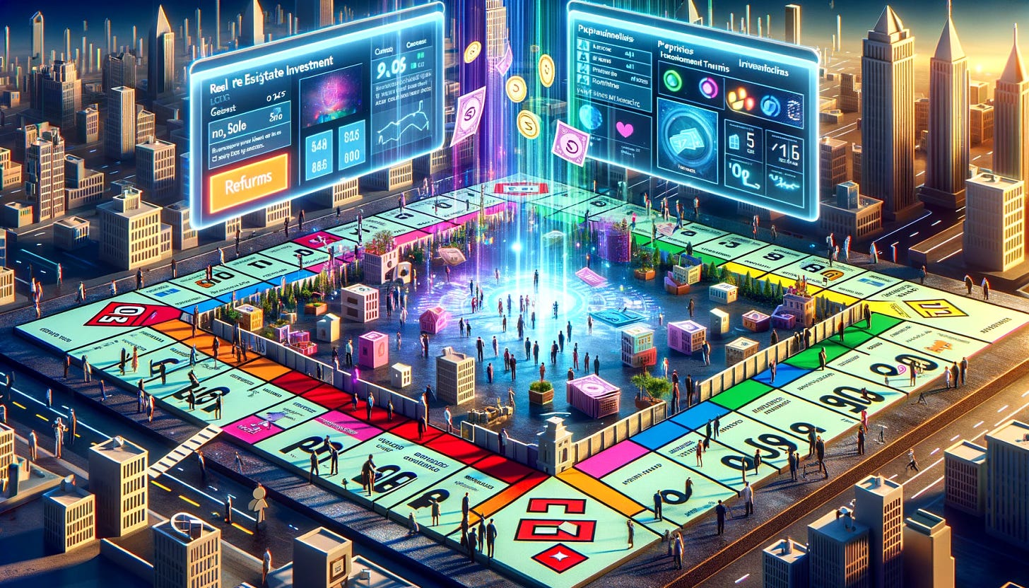 Imagine a vibrant, interactive scene that transforms the concept of real estate investment into a Monopoly-like board game, but with real stakes and returns. The image should depict a large, 3D Monopoly board sprawling across a city landscape, with properties and landmarks resembling those of the actual city. Investors of all ages and backgrounds are seen around the board, placing real money on properties they wish to invest in, symbolized by oversized, colorful currency and digital screens displaying real-time returns. Above the city, digital displays and interfaces float, showing property values, investment portfolios, and transaction histories, blending the physical and digital worlds of investment. This visualization captures the excitement of real estate investment as a communal and accessible game, where every participant has the chance to buy a piece of the board and earn real returns, making the complex world of real estate fun and engaging.