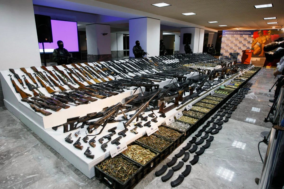 A display of a broad array of weapons illegally brought into Mexico