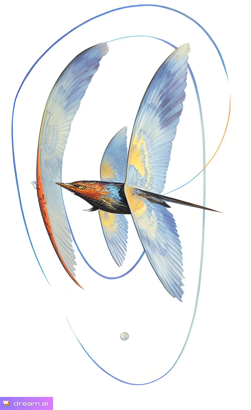 AI illustration of a darting hummingbird leaving a trail of colored light in the shape of the outline of an ear