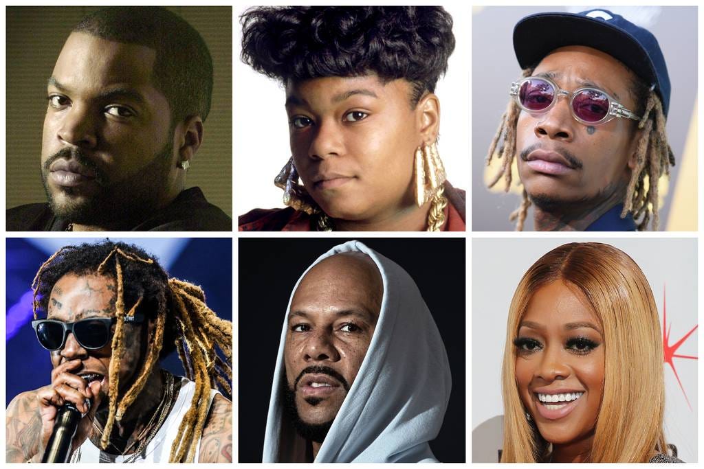 (L-R) Ice Cube, Roxanne Shante, Wiz Khalifa, Lil Wayne, Common, Trina