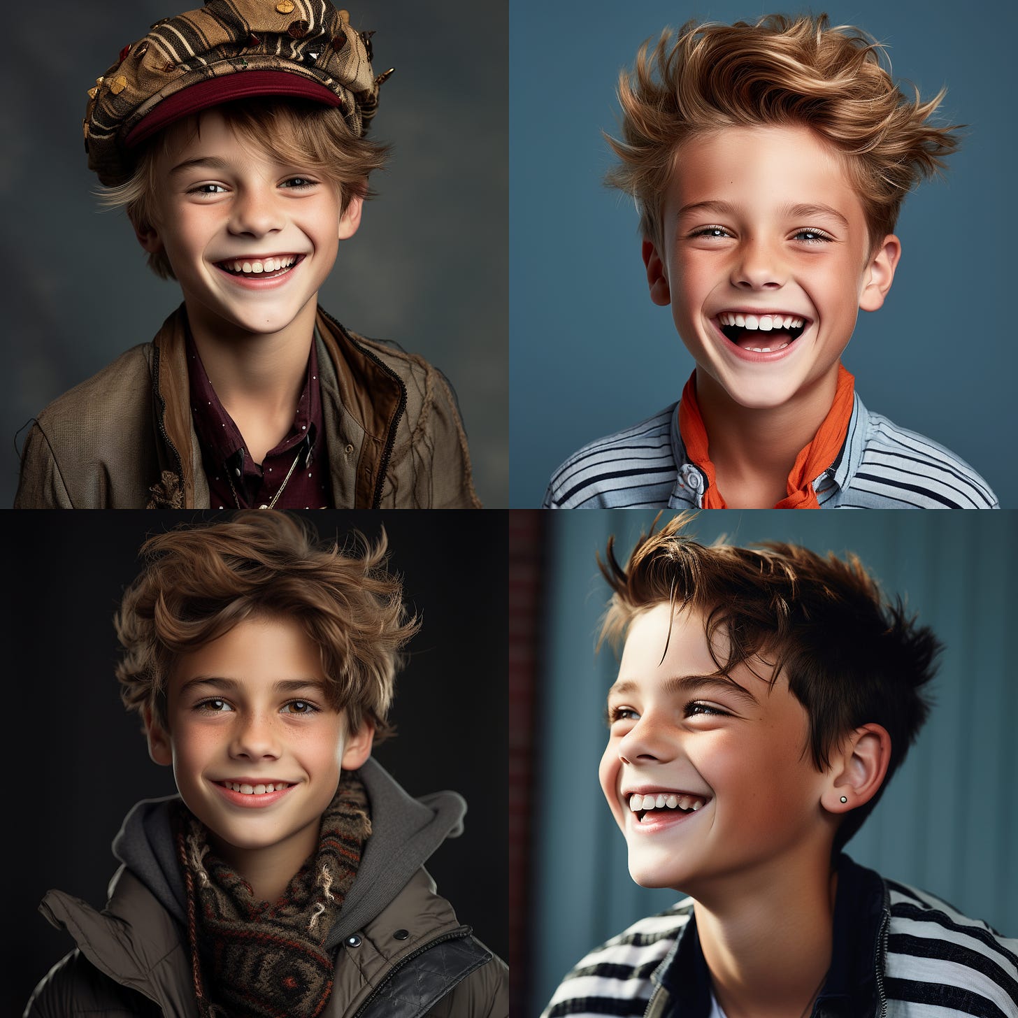 Four-image grid of smiling boy portraits, one is wearing a hat