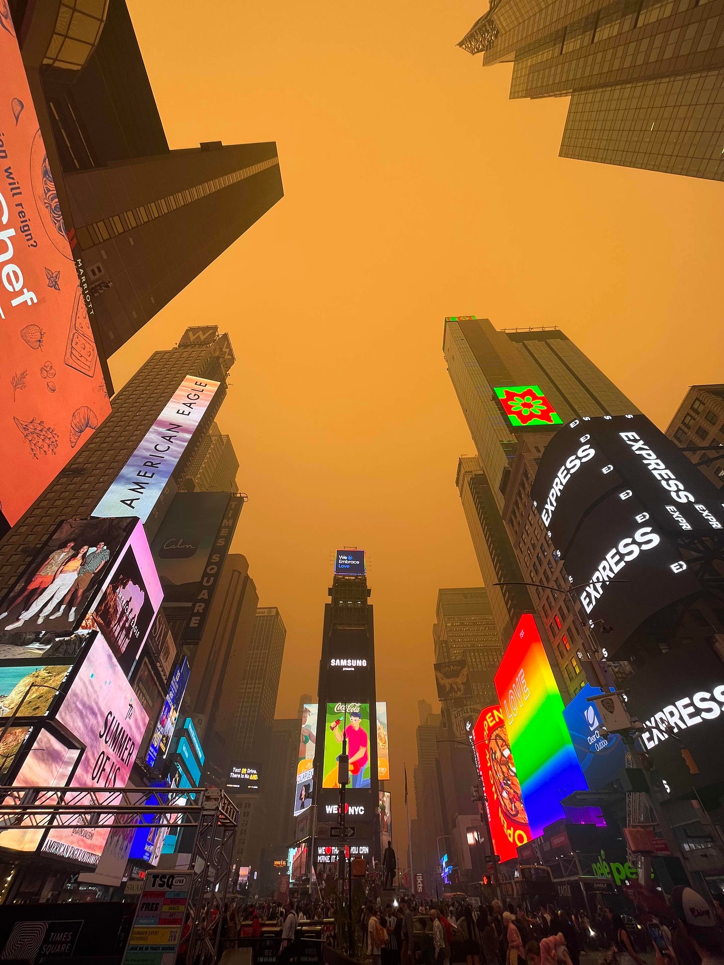 A smokey haze blankets Times Square in New York City as smoke from Canada's wildfires moves down the Northeastern U.S.