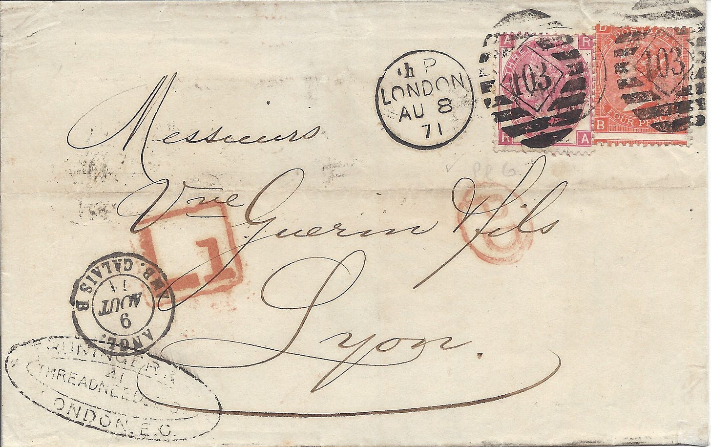 1871 folded letter from London to Lyon, France