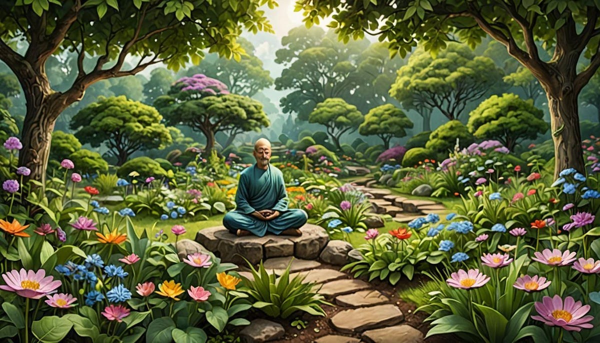 Oriental figure meditating in beautiful garden