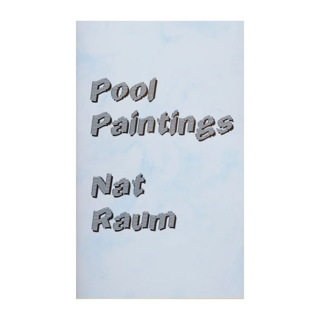 The cover of pool paintings by nat raum, which features a light blue marbled paper and black tickertape-style text
