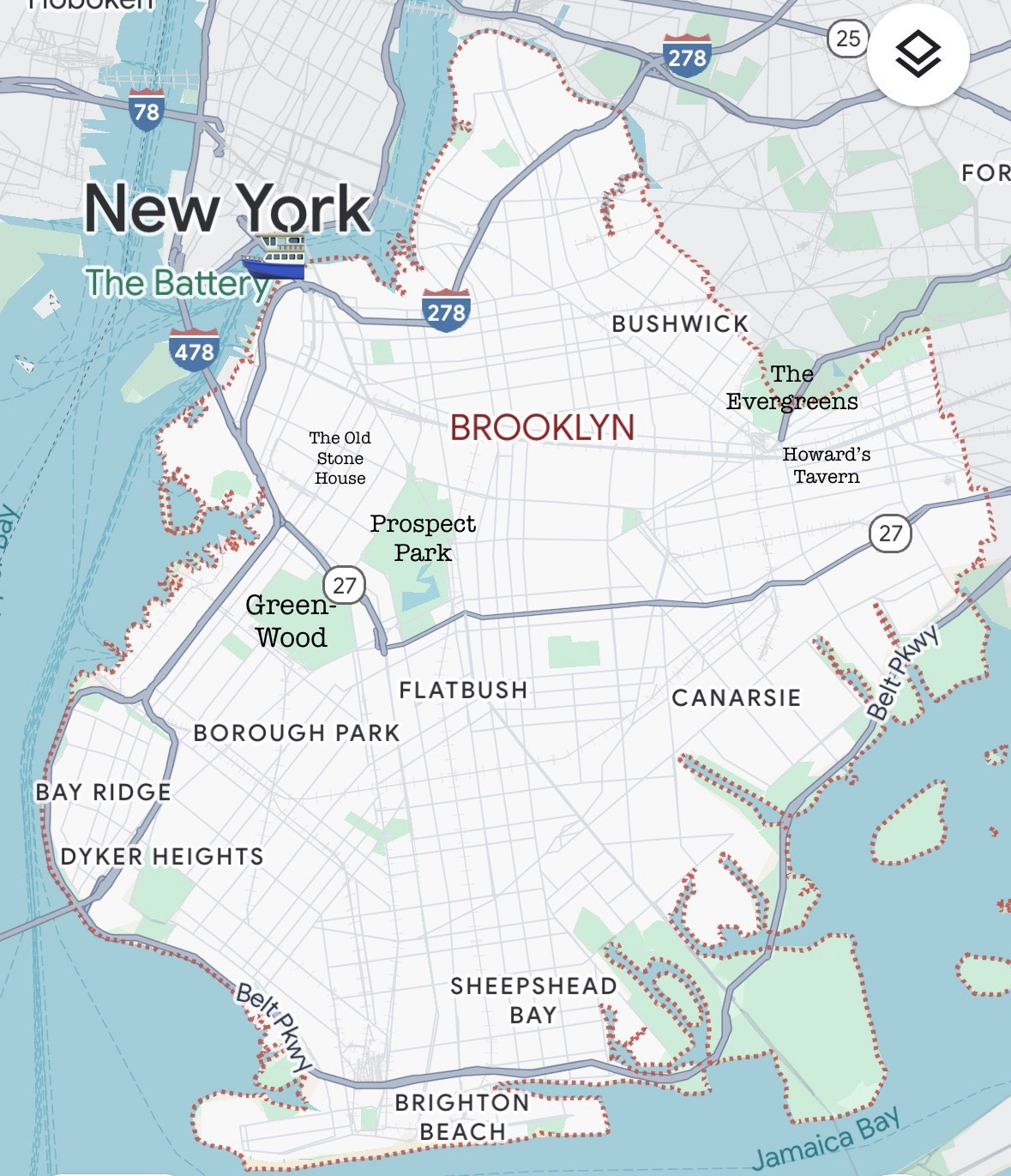 A simple map of Brooklyn. The rough location of the Old Stone House and Howard's Tavern are marked. Prospect Park, Green-Wood, and The Evergreens are labeled. There is a ferry emoji over Pier 1 in Brooklyn and Pier 11 in Manhattan.