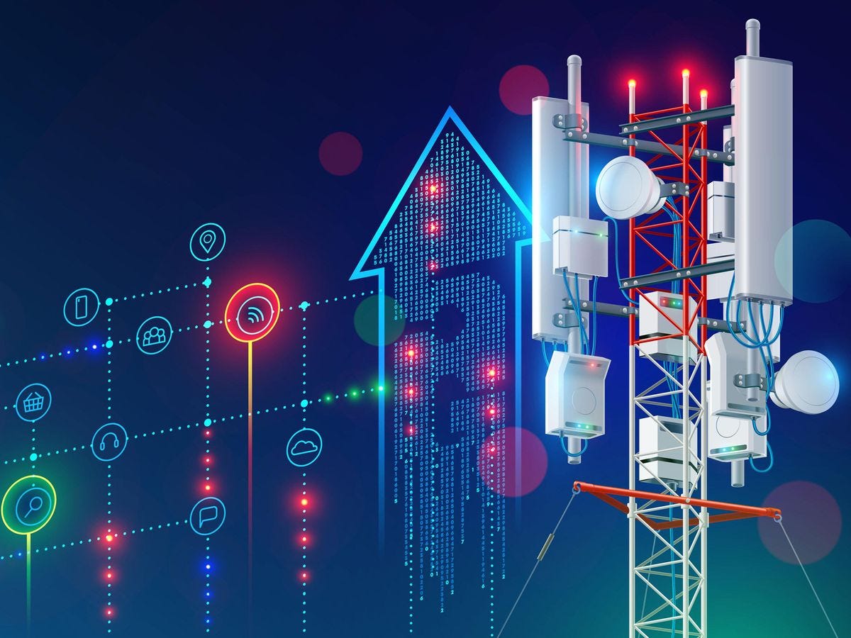 An illustration of a cel tower and an arrow on the left of the tower that says “5G” and icons and dotted lines connected to the 5G arrow.  