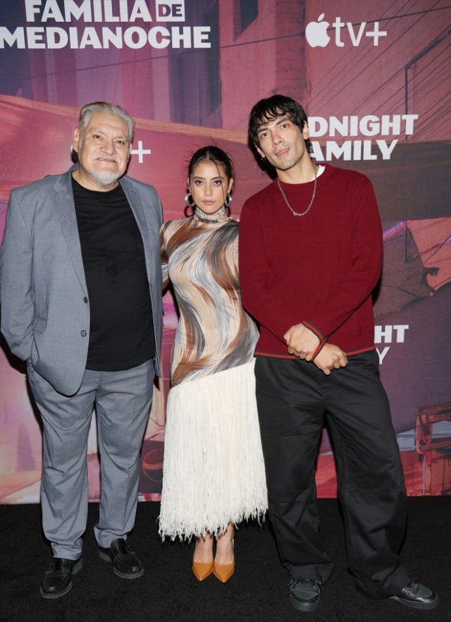 Joaquín Cosío, Renata Vaca and Diego Calva pose for a photocall for “Midnight Family,” the Spanish-language medical series premiering on Apple TV+ on September 25, 2024.