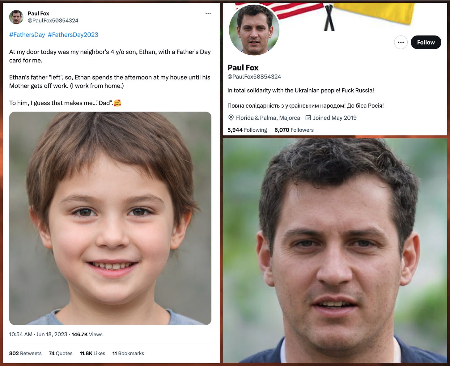 screenshots of viral Father's Day tweet from @PaulFox50854324, @PaulFox50854324 profile, and @PaulFox50854324's avatar (a GAN-generated face)