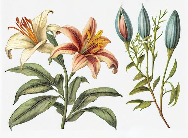 Lilly flower ilustração botânica flores de lírio pintura realista abstrata gerativa ilustração ai
