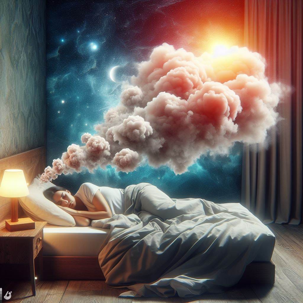 A dream-like hyperrealistic image of someone sleeping soundly in their bed of comfortable pillows, while a large dream cloud is materializing above their head