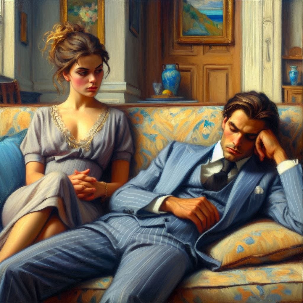 A very pretty woman looks down in disdain at a handsome, middle-aged man wearing a suit and lying on the couch. Interior, living room. Impressionist-style