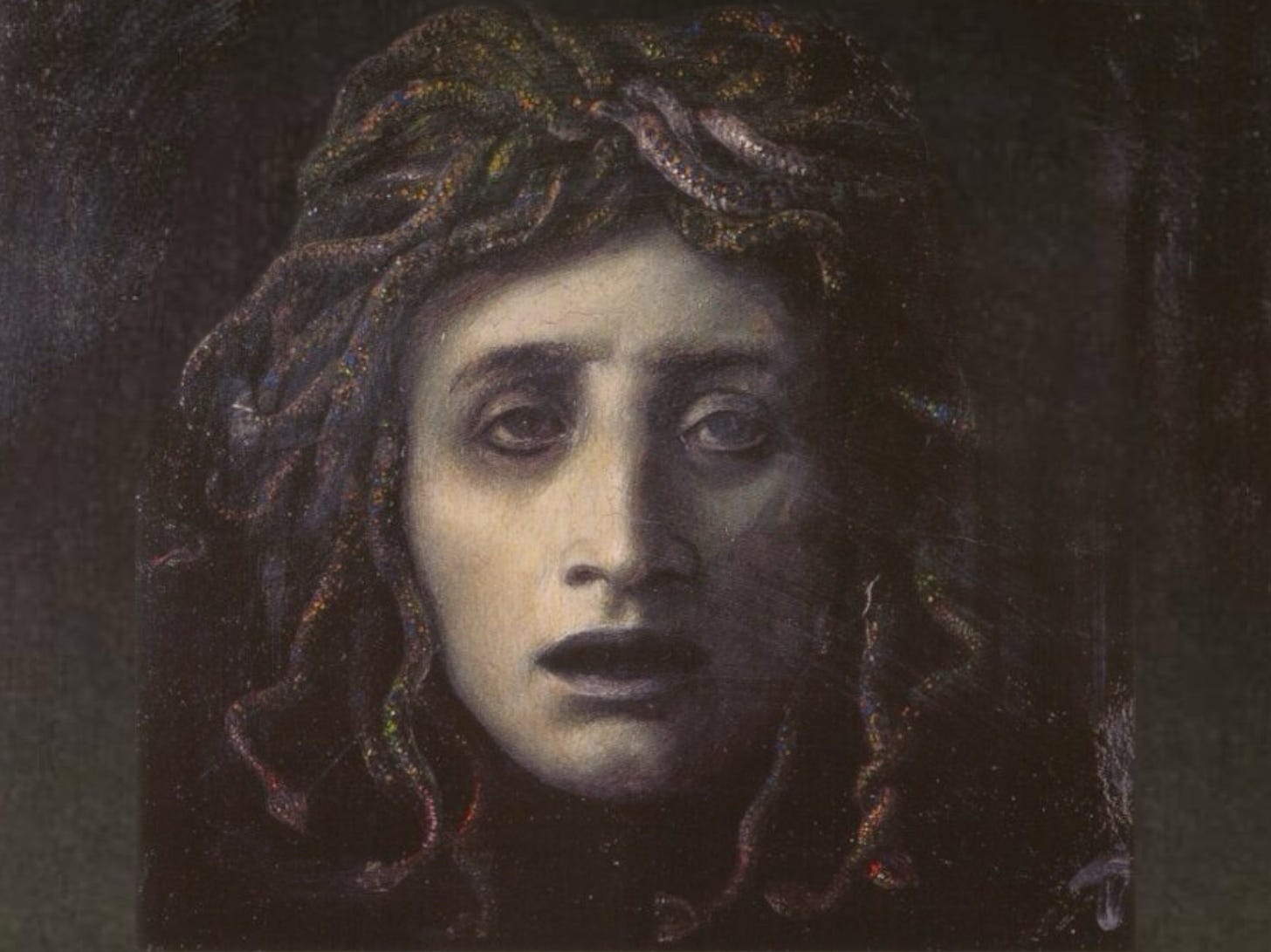 A gray scale painting of a melancholy medusa. Her hair is made of snakes that look like thick waves. Her eyes are dark and her mouth is open as if in mid-thought