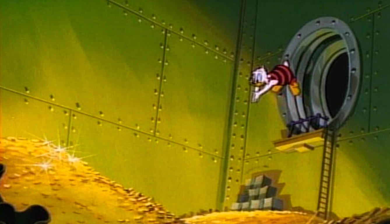 A cartoon duck diving into a vault filled with gold coins