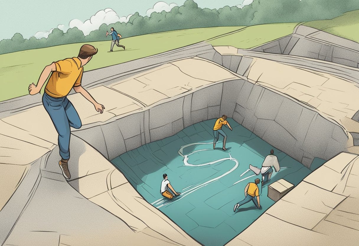 A person falling into a pit labeled "Goal-Setting Pitfalls," while another person navigates around it using a map labeled "How to Avoid Them."