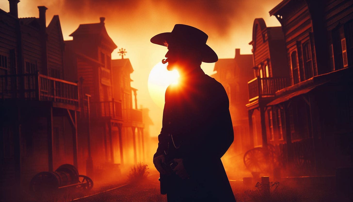  An AI generated scene showing a town in the Old West, in which a sheriff stands in silhouette with the sun setting directly behind, casting a bold outline while obscuring the details of the face.