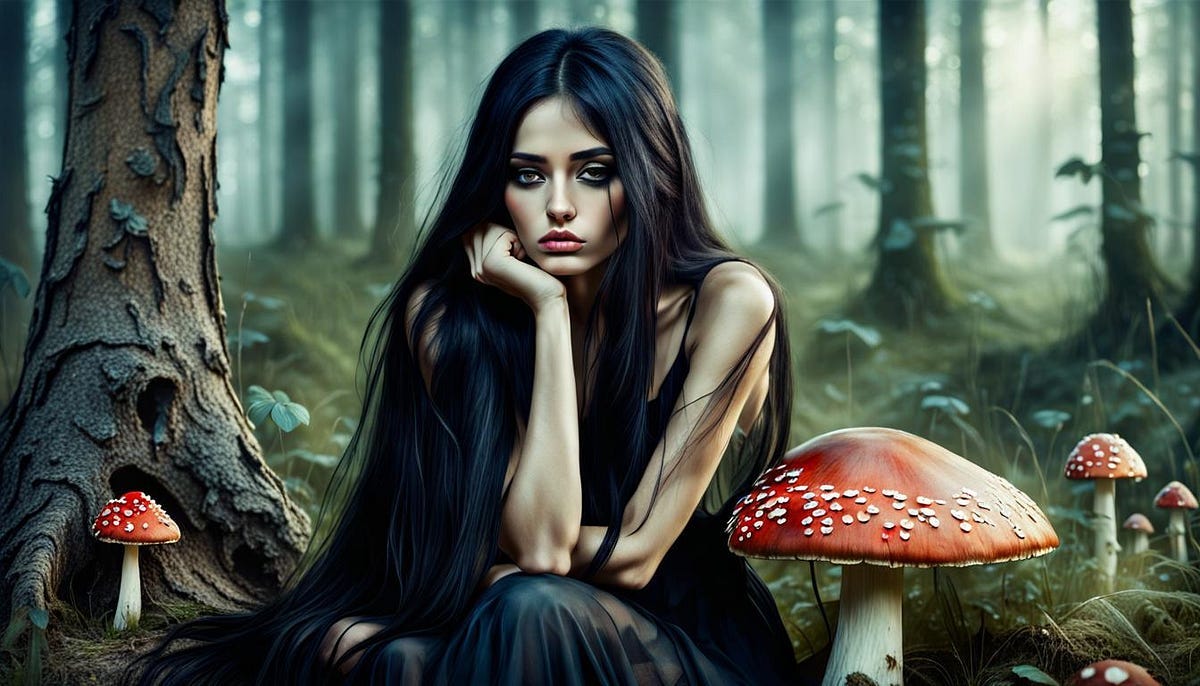 Sad girl, sitting in woodland, beside toadstools