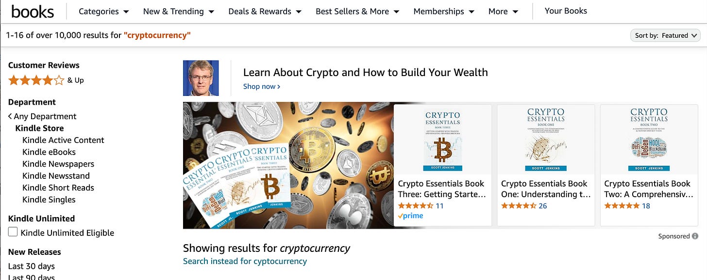 sponsored Amazon listing for the "Crypto Essentials" series by "Scott Jenkins", an author with a GAN-generated face