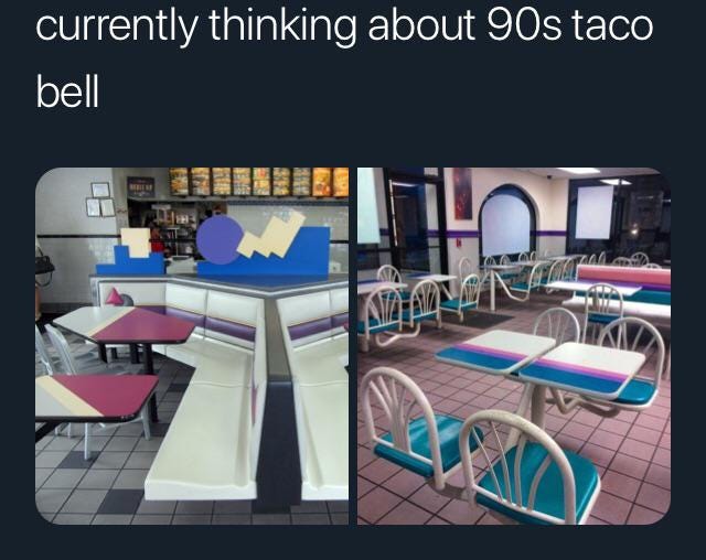 Twitter post that features 90s Taco Bell decor.