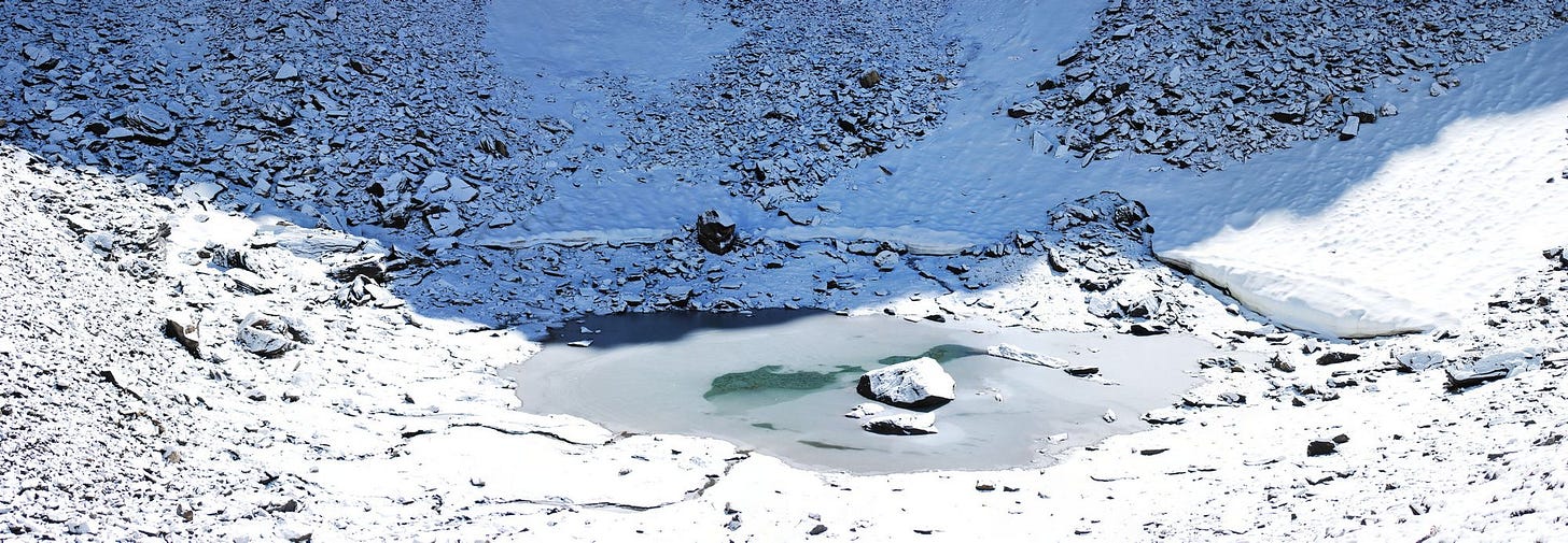 Roopkund Lake surrounded by snowy rocks Roopkund Lake surrounded by snowy rocks