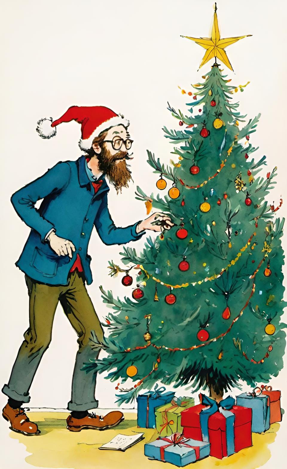 homem com gorro de papai noel monta árvore de natal homem com gorro de papai noel monta árvore de natal