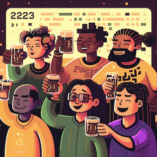 “A diverse group of computer programmers toast the new year 2023”, Midjourney v4.  Off by a couple hundred years, but hey, it’s been a long twelve months.